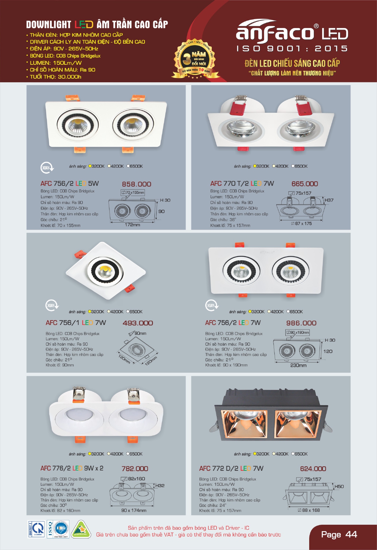 Bảng giá đèn LED ANFACO 2026